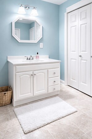 Eco-friendly toiletries, hair dryer, towels, soap