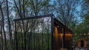 A modern cabin with a glass enclosure, surrounded by a forest. - Mirror Villas - Modern Retreat with private hot tubs and mountain view (Mercersburg)