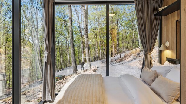 A modern bedroom with a large bed, a view of a forest through floor-to-ceiling windows, and a minimalist design. - Mirror Villas - Modern Retreat with private hot tubs and mountain view (Mercersburg)