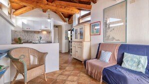 A cozy interior with a wooden ceiling, a wicker chair, a blue sofa, and a kitchen area with white cabinets and a tiled backsplash. - Air-conditioned apartment a few meters from the sea of ​​about 40 square meters characterized by simple and functional furnishings, located on the first floor and composed of a living room with kitchenette and sofa bed, a bedroom with double bed, bat (Golfo Aranci)