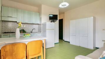 Fridge, stovetop, toaster, cookware/dishes/utensils