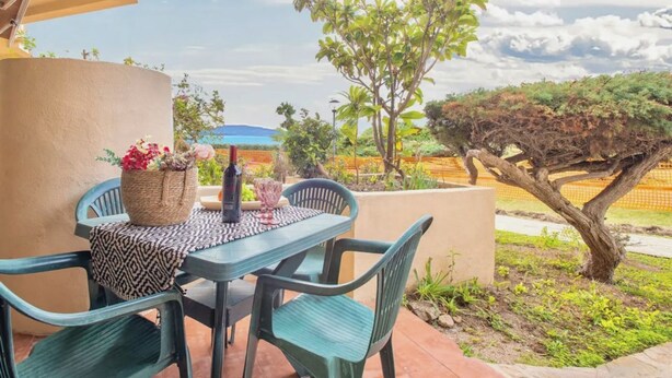 Une terrasse avec une table et des chaises, un pot de fleurs et une vue sur le paysage.
