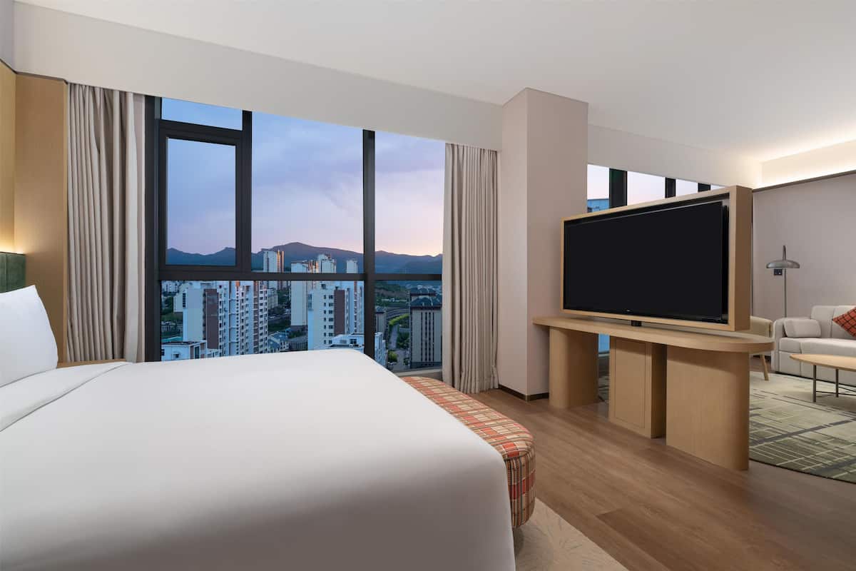 A hotel room with a large bed, a flat-screen TV, a sofa, and a view of a cityscape.