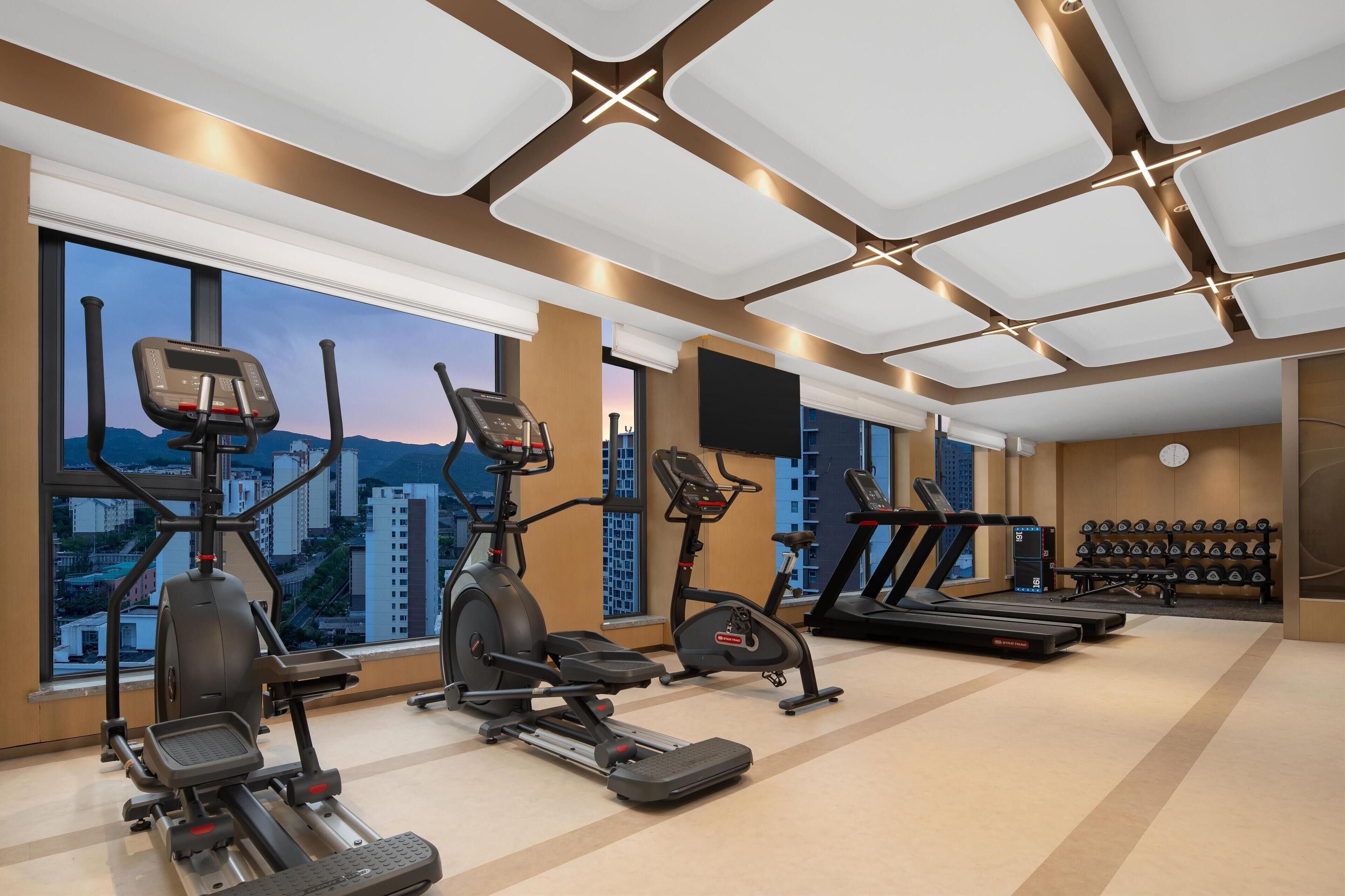 A modern gym with cardio machines, dumbbells, and a large window with a city view.