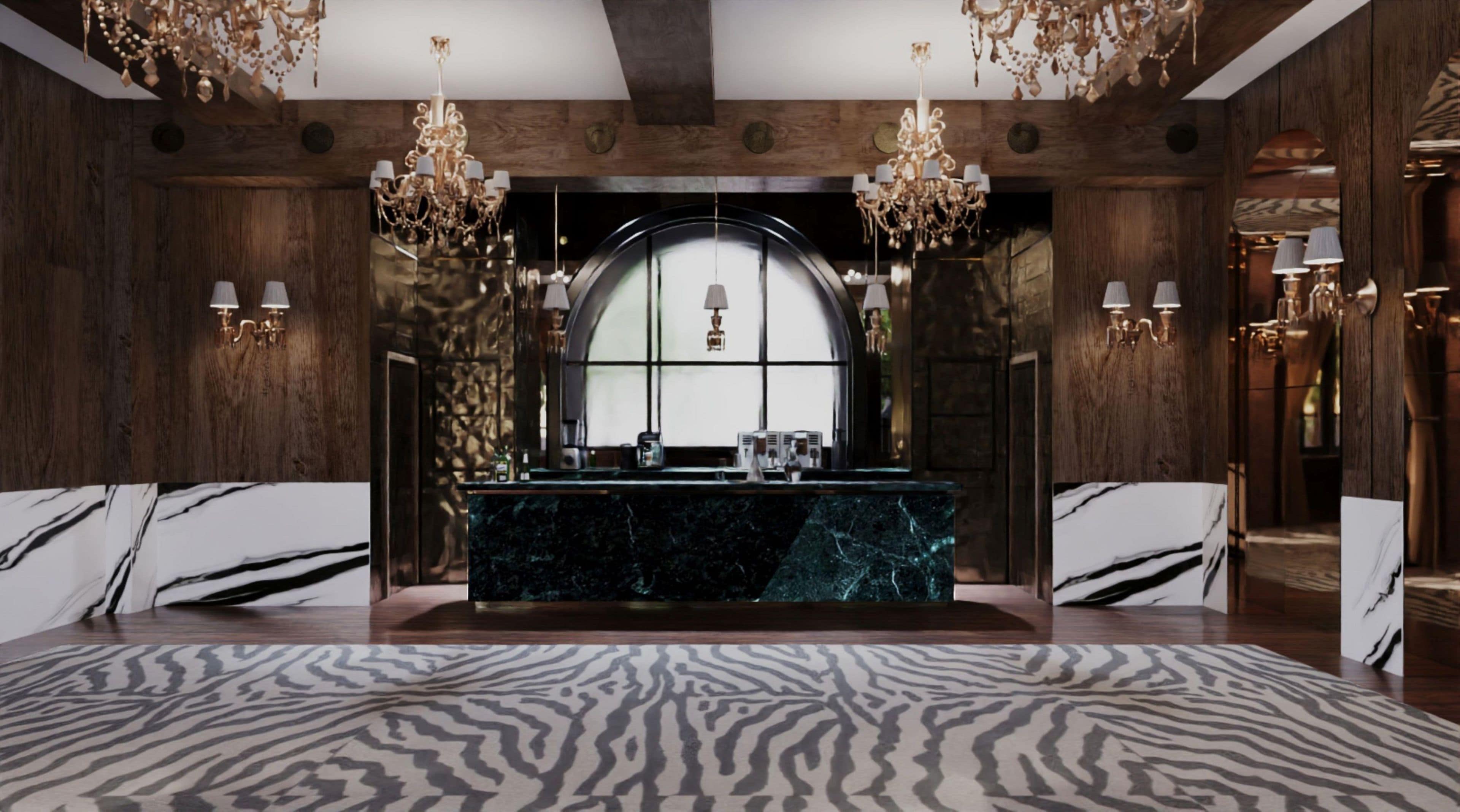 A luxurious bathroom with a marble vanity, a zebra-patterned rug, and a large arched window.