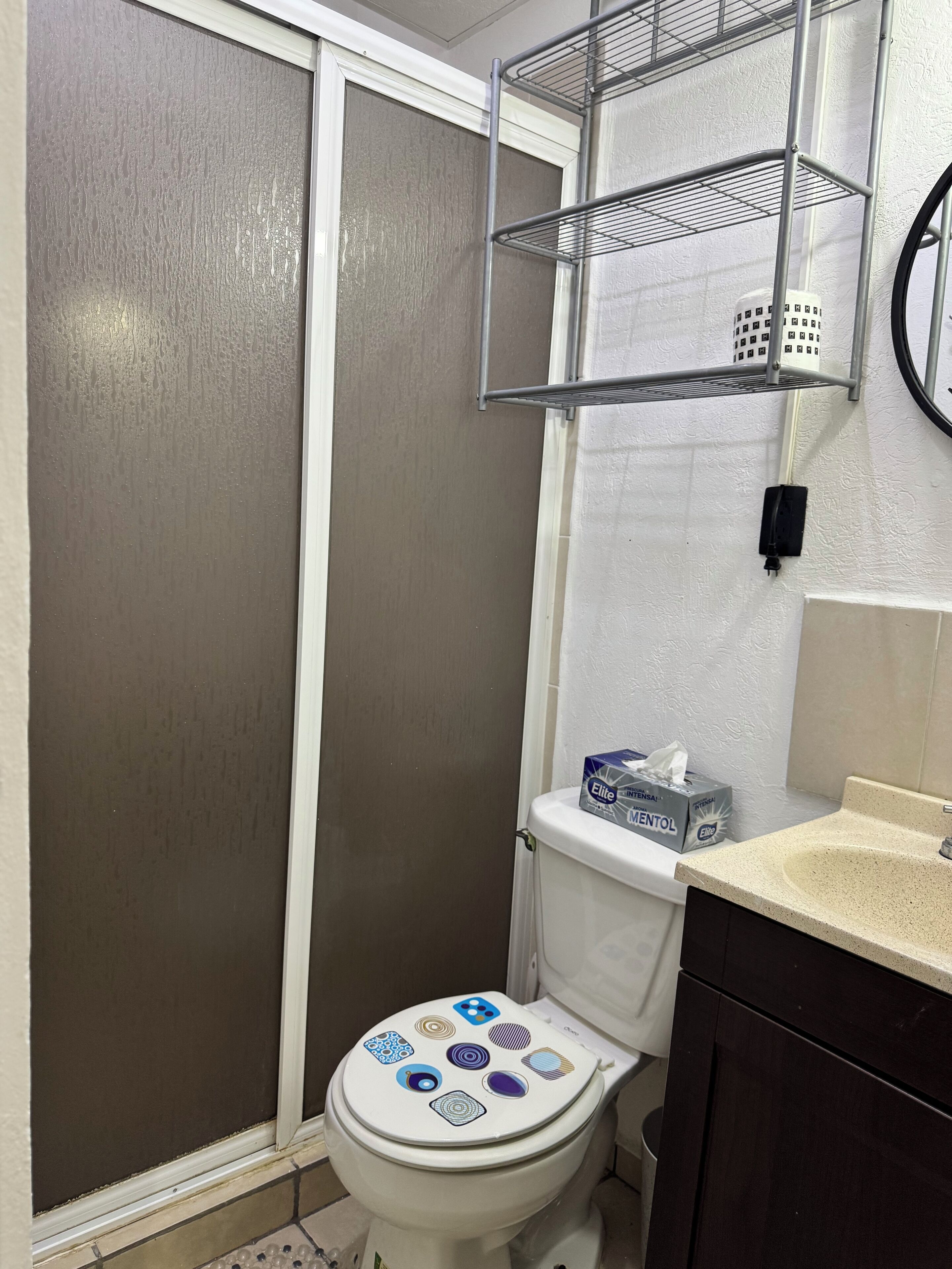 A bathroom with a toilet, a shower enclosure, a sink, and a shelf with a tissue box.