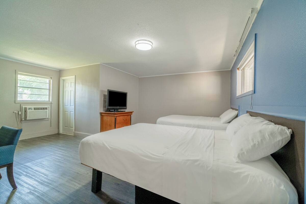 A bedroom with two beds, a television, a dresser, and a chair.