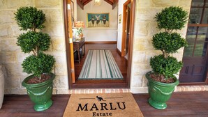 A stone-walled entrance with a wooden door, a green doormat, and two potted topiary trees.