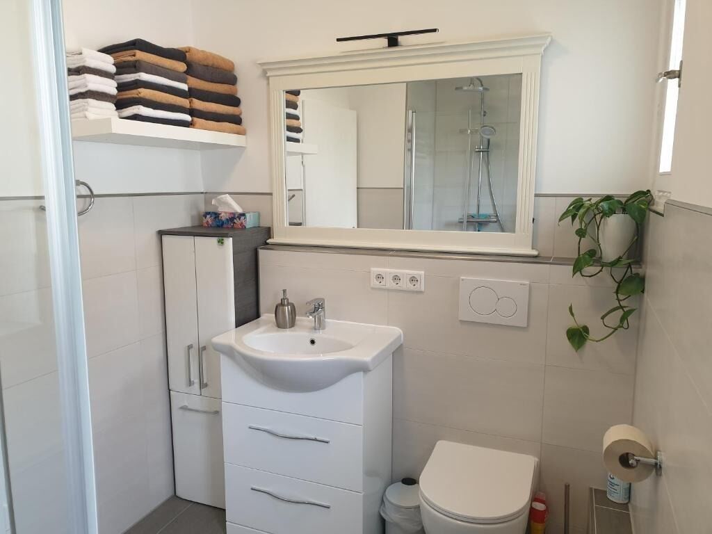 A compact bathroom with a white sink, mirror, and toilet. There are towels stacked on a shelf above the sink, and a potted plant on the wall.