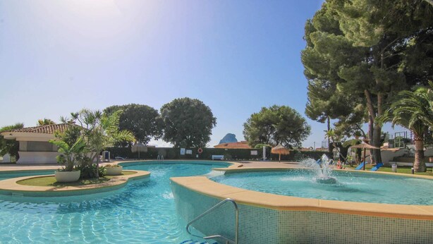 A swimming pool with a fountain, surrounded by palm trees and a clear sky. - Salinas - Studio (Calpe)