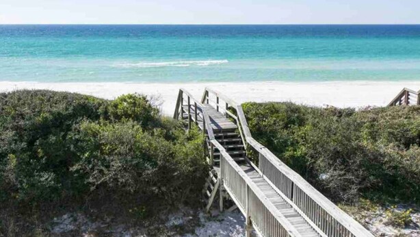 A wooden boardwalk leading to a beach with clear blue water and white sand. - 1BR Apt. w/ KING Bed on 30A! - .4 mi to Beach (Santa Rosa Beach)