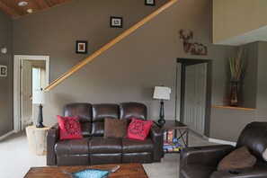 TV connectée, cheminée, livres, chaîne hi-fi