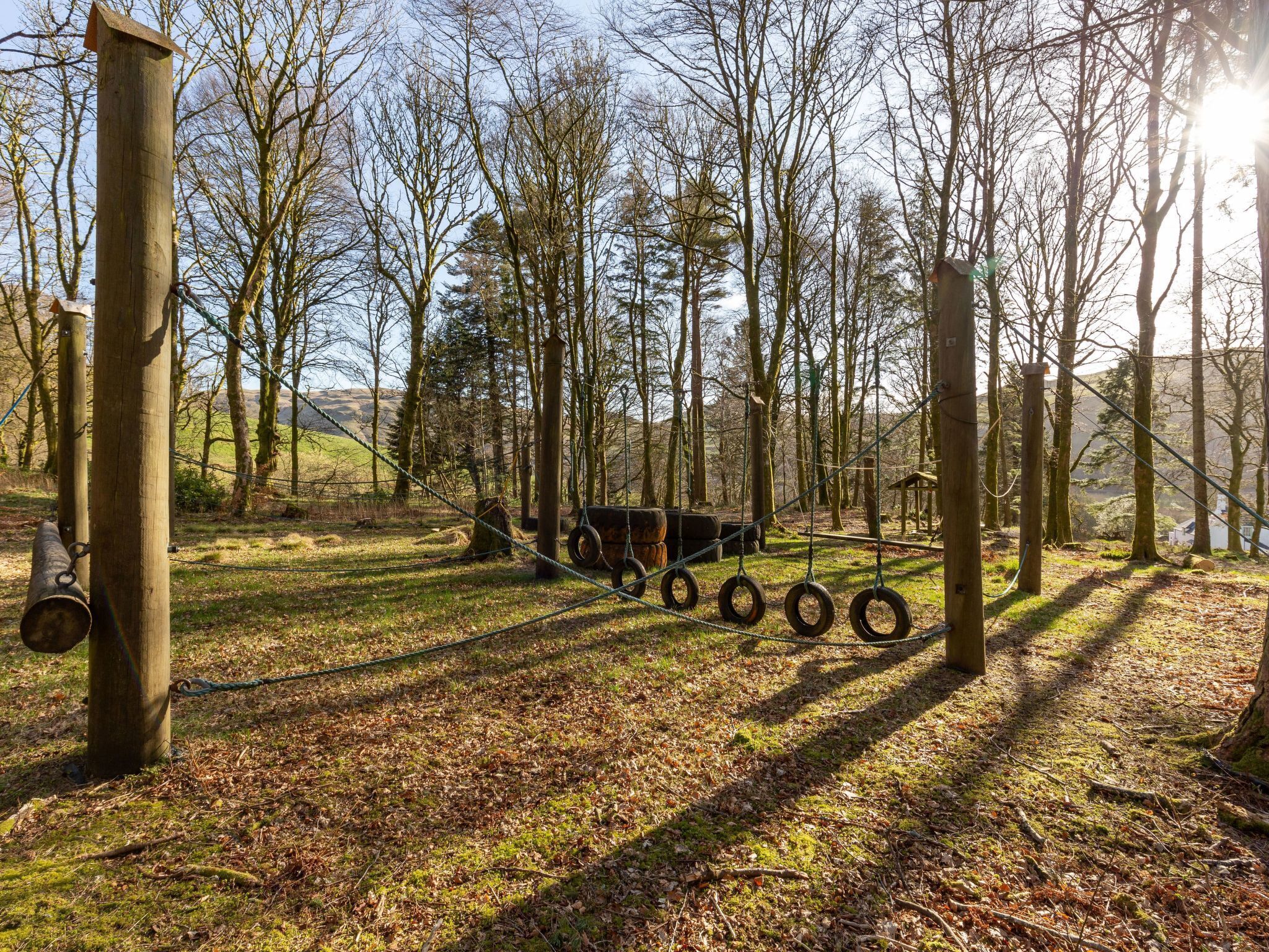 A playground with tire swings and a wooden structure.