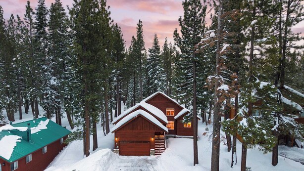 Una cabaña con techo verde, rodeada de altos pinos cubiertos de nieve.