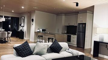 Smart TV, fireplace, books, stereo