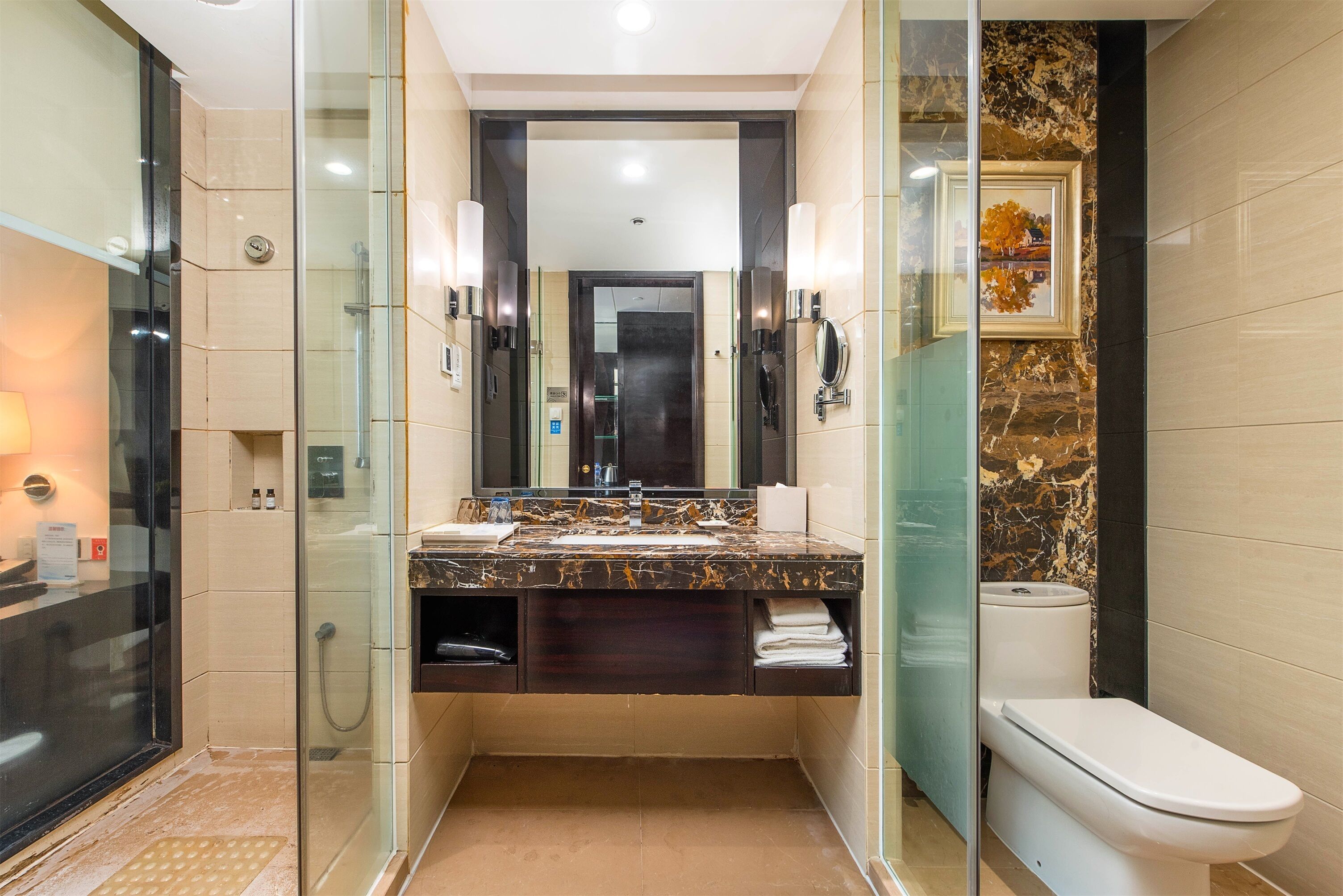 A modern bathroom with a glass-enclosed shower, a marble sink, and a toilet.