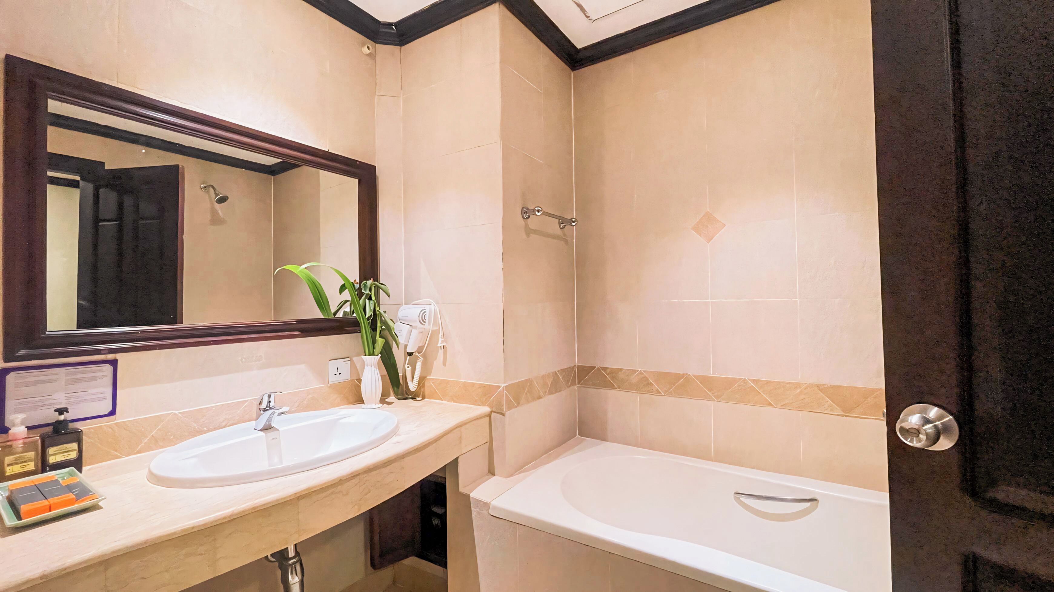 Une salle de bain avec un lavabo, un miroir et une baignoire.