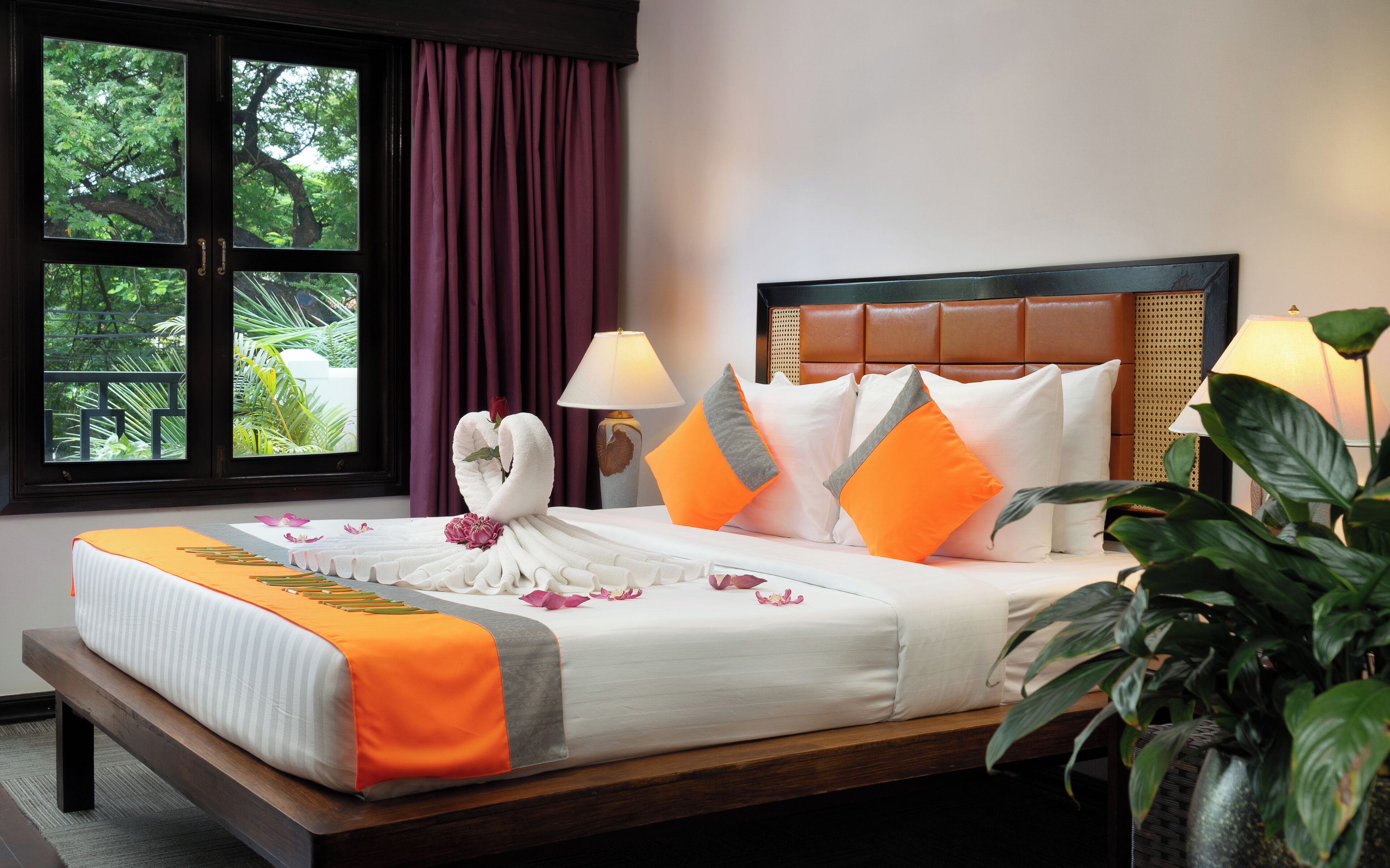 Ein Hotelzimmer mit Bett, Fenster mit Vorhängen, Nachttischlampe und einer Zimmerpflanze.