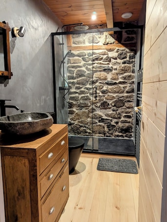 Shower, hair dryer, soap, shampoo. Quiet bohemian chic apartment, La Tanière