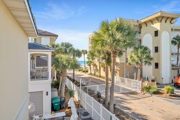 A residential area with a paved walkway, palm trees, and a view of the ocean.