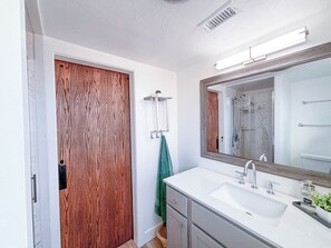 Shower, hair dryer, bidet, towels