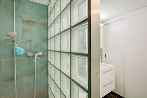 Shower, hair dryer, towels