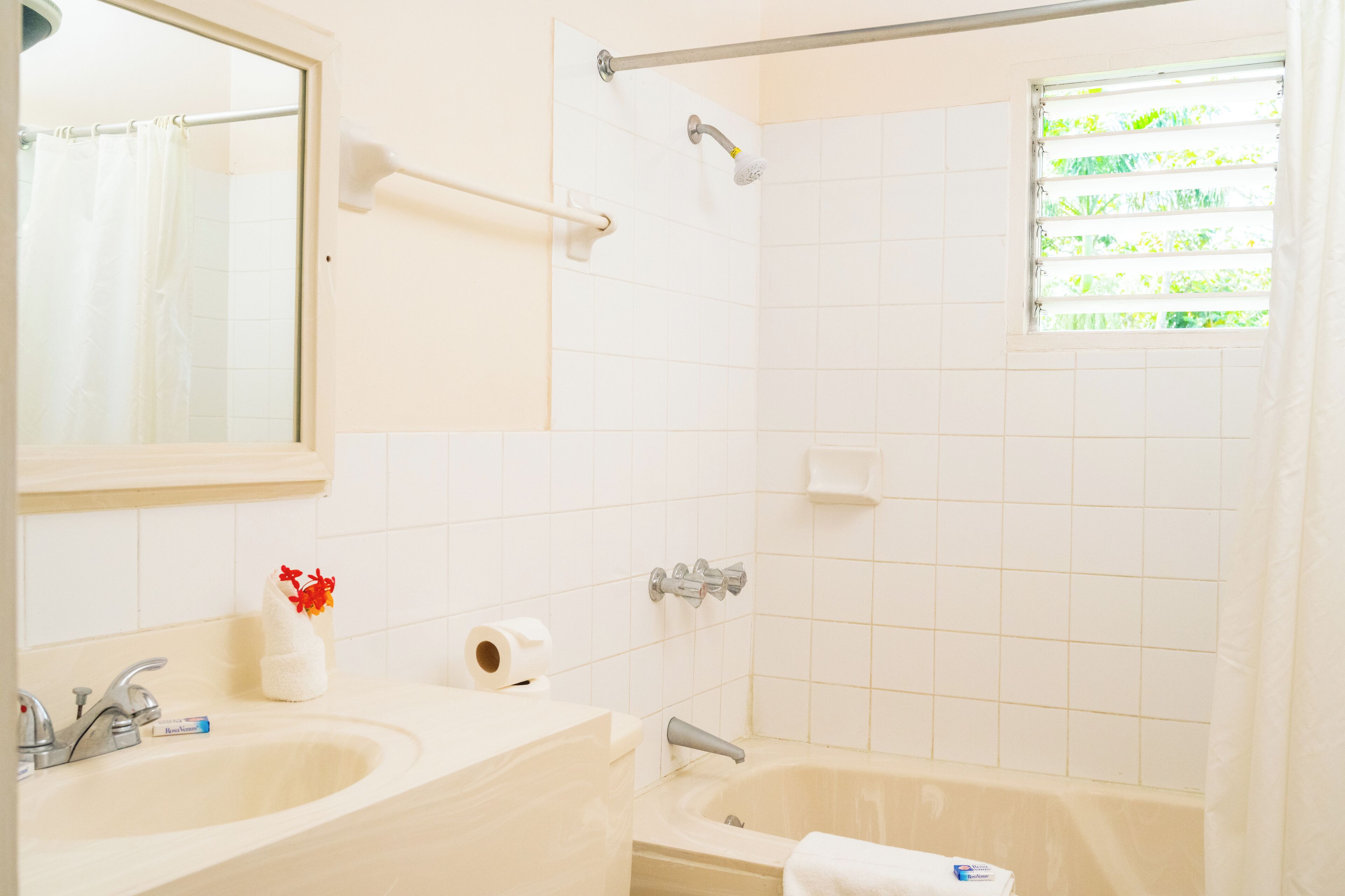 Un baño con lavabo, espejo, toallero, ducha y ventana con vistas a follaje.