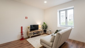 Un salon avec un canapé, un téléviseur posé sur un meuble en bois, une plante et une fenêtre donnant sur des immeubles.