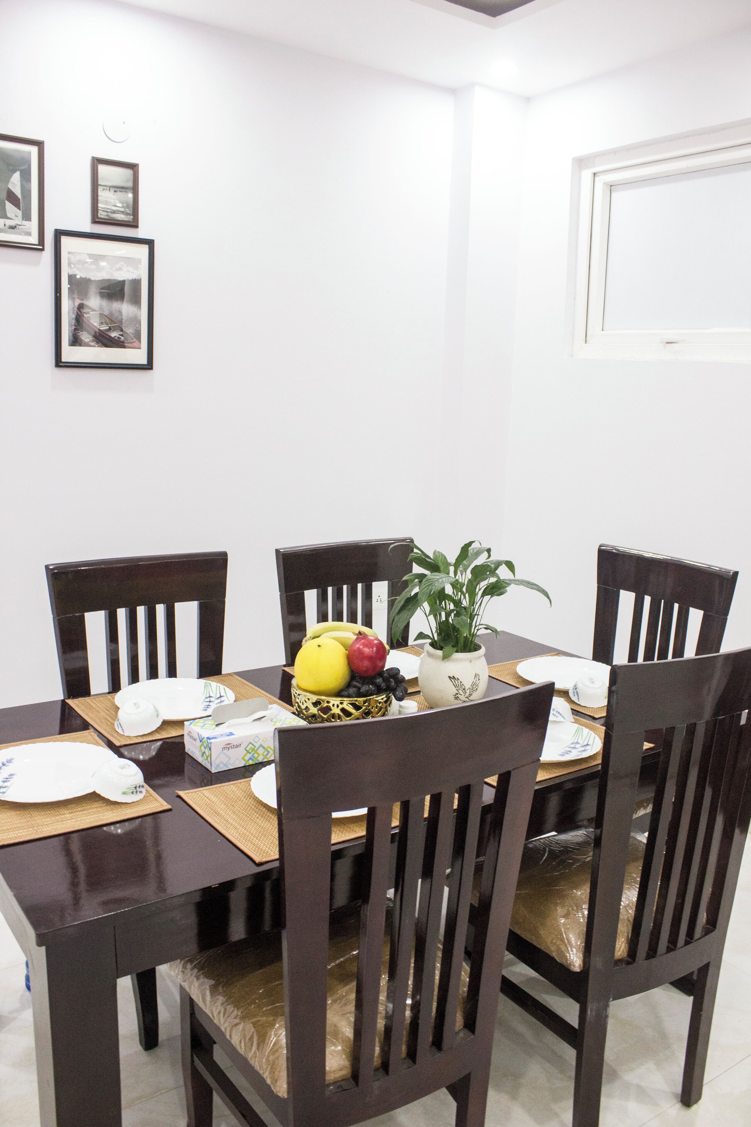 A dining table with chairs, a fruit bowl, and a potted plant.