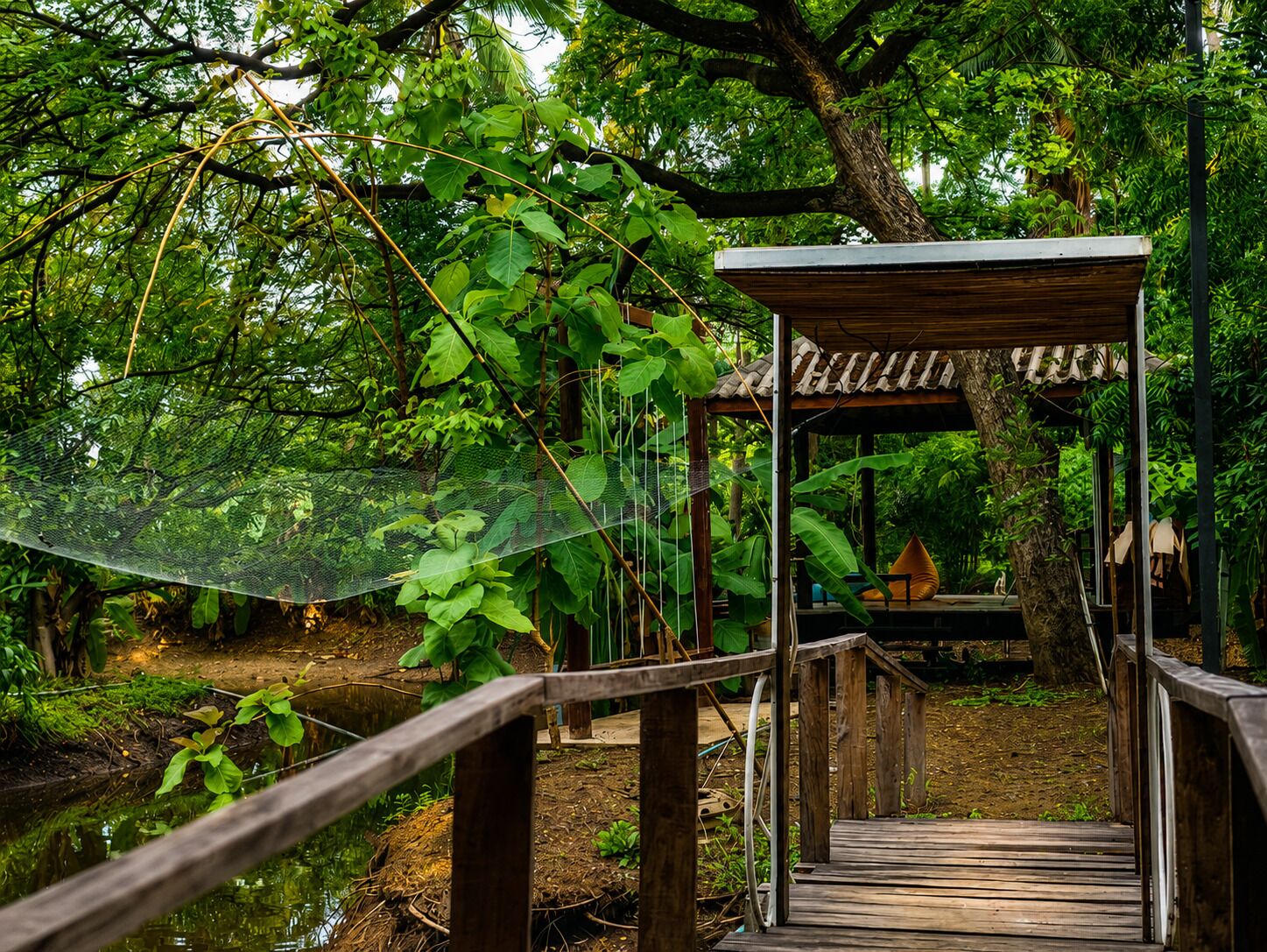 A wooden bridge leading to a covered pavilion in a lush forest.
