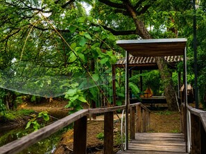 A wooden bridge leading to a covered pavilion in a lush forest.