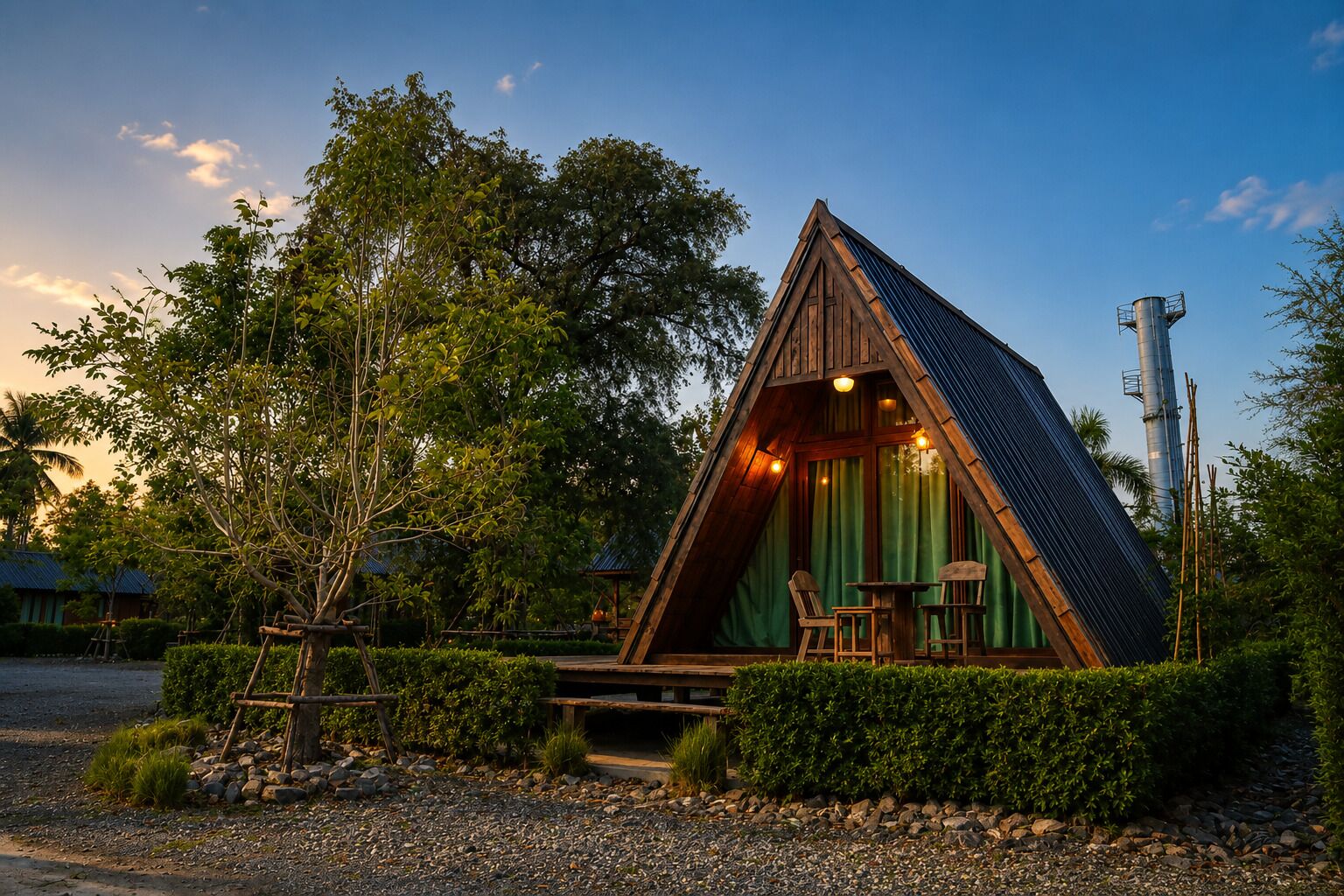 A triangular wooden cabin with a green curtain, two chairs, and a table in front.