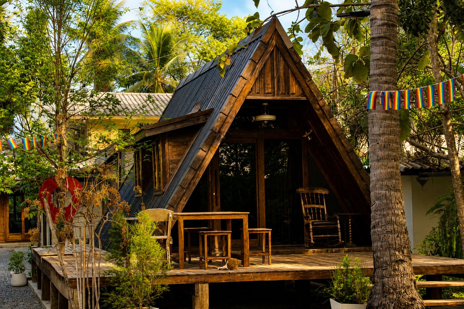 A wooden cabin with a sloped roof, a deck with seating, and a view of surrounding greenery.