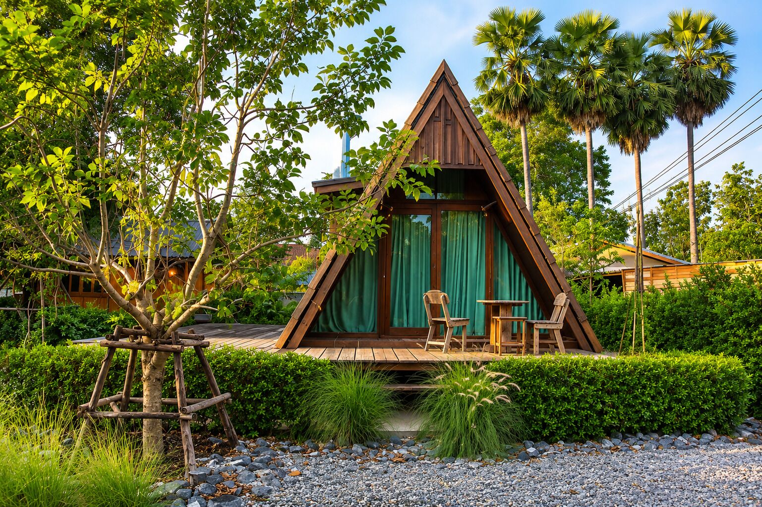 A triangular wooden structure with a green curtain, surrounded by lush greenery and palm trees.