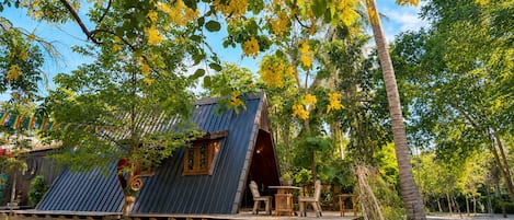 A house with a sloped roof, a deck with chairs, and a garden with flowers.