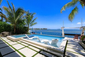A pool with a view of the ocean, surrounded by palm trees and a clear sky.