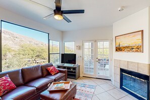 TV, caminetto, libri