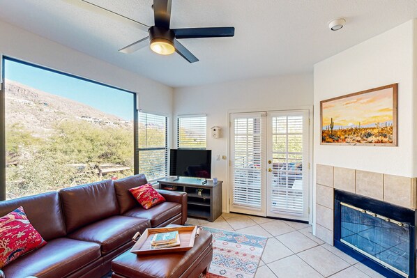 TV, caminetto, libri