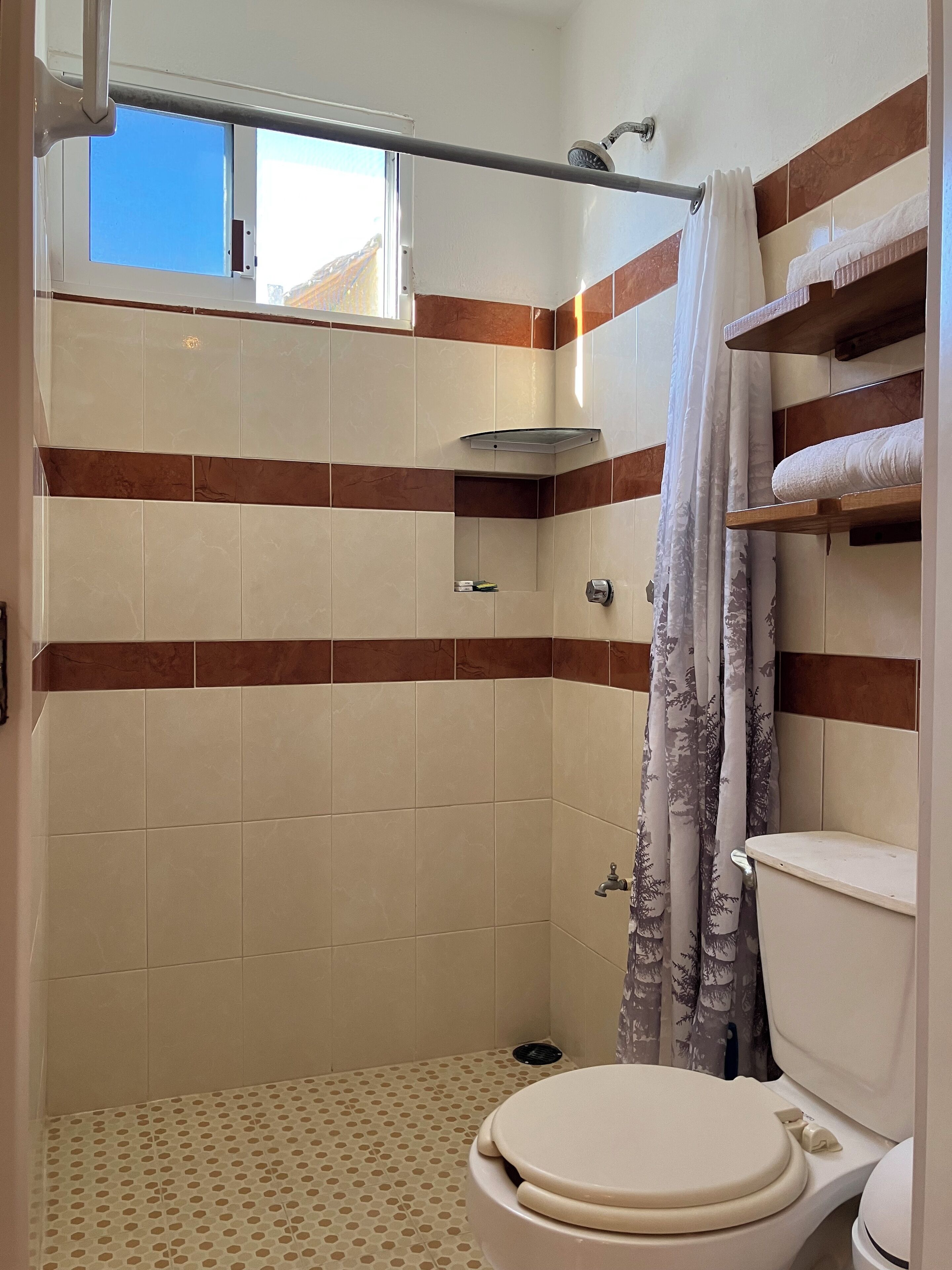 Standaard driepersoonskamer | Badkamer | Een douche, handdoeken, zeep, shampoo