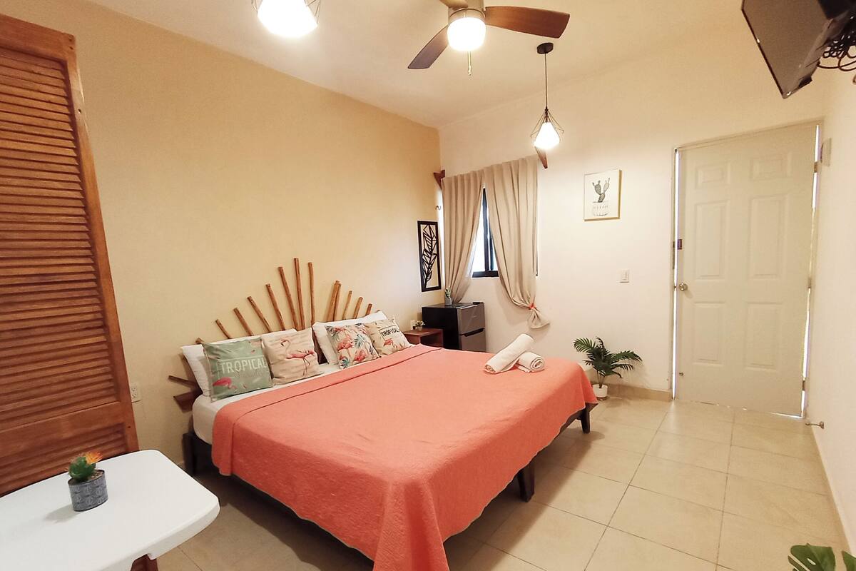 A bedroom with a bed, a ceiling fan, a nightstand, a potted plant, and a door.