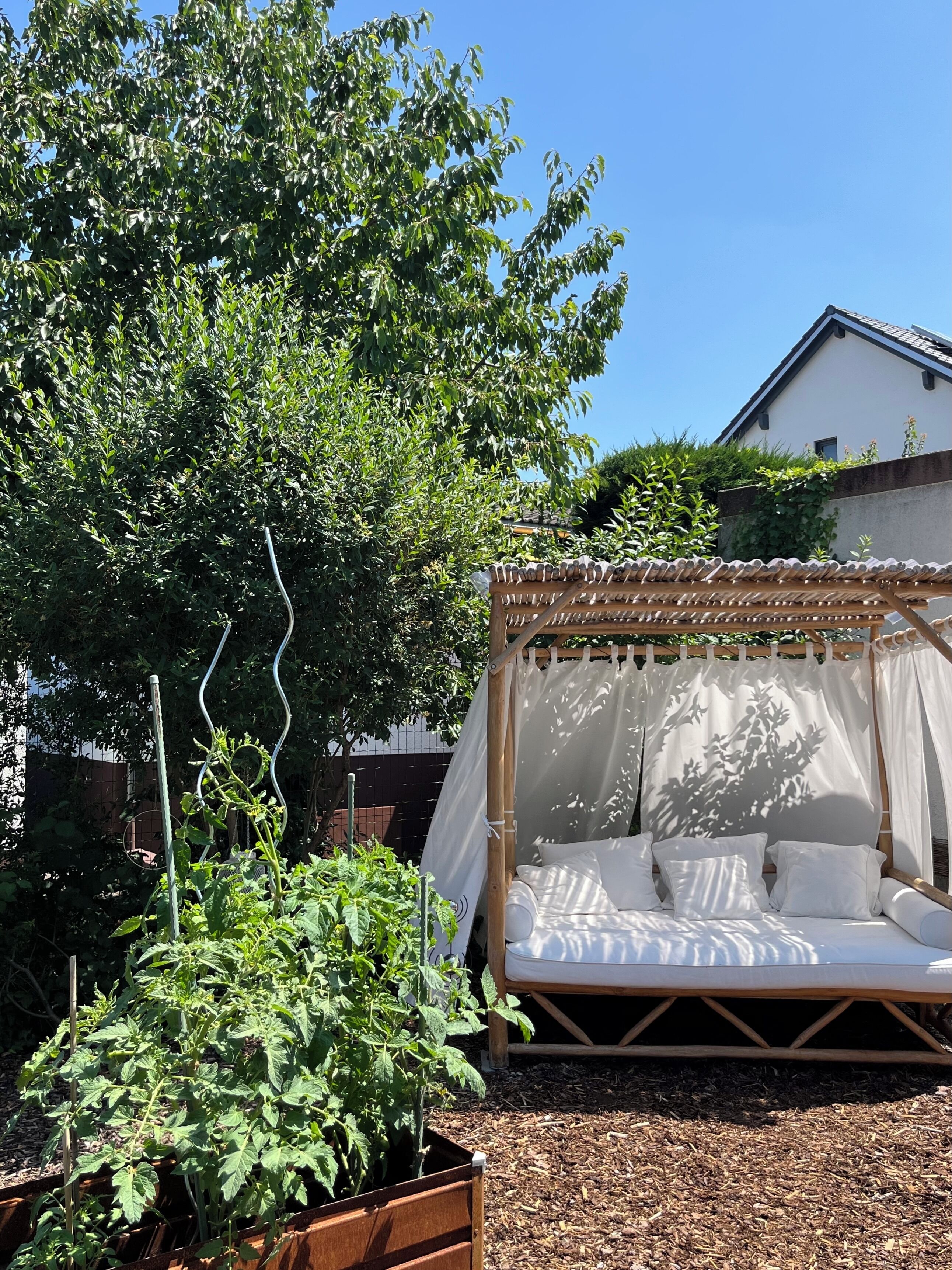 A garden with a wooden bed frame, a white canopy bed, and a large tree.