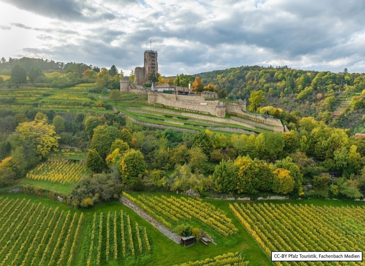 A castle on a hill with surrounding fields and a tower.