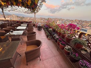 An outdoor terrace with wicker furniture, potted plants, and a view of a cityscape.