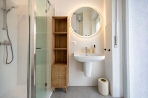 Shower, hair dryer, bidet, towels