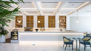 A modern bar area with a marble countertop, wooden cabinets, and pendant lighting. - Modern 2-Bed with Pool Access in Surfers Paradise (Surfers Paradise)