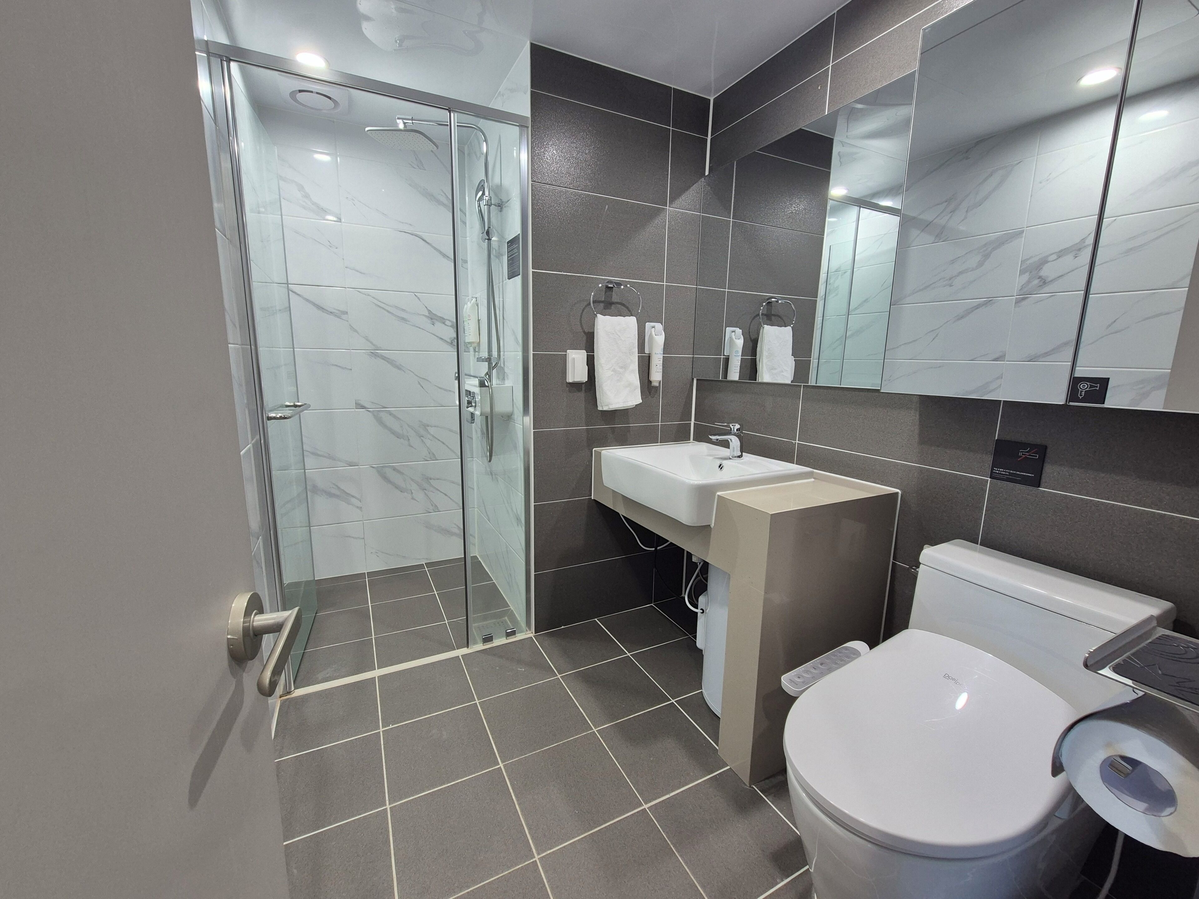 A modern bathroom with a glass shower enclosure, a sink, a toilet, and a large mirror.
