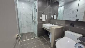 A modern bathroom with a glass shower enclosure, a sink, a toilet, and a large mirror.
