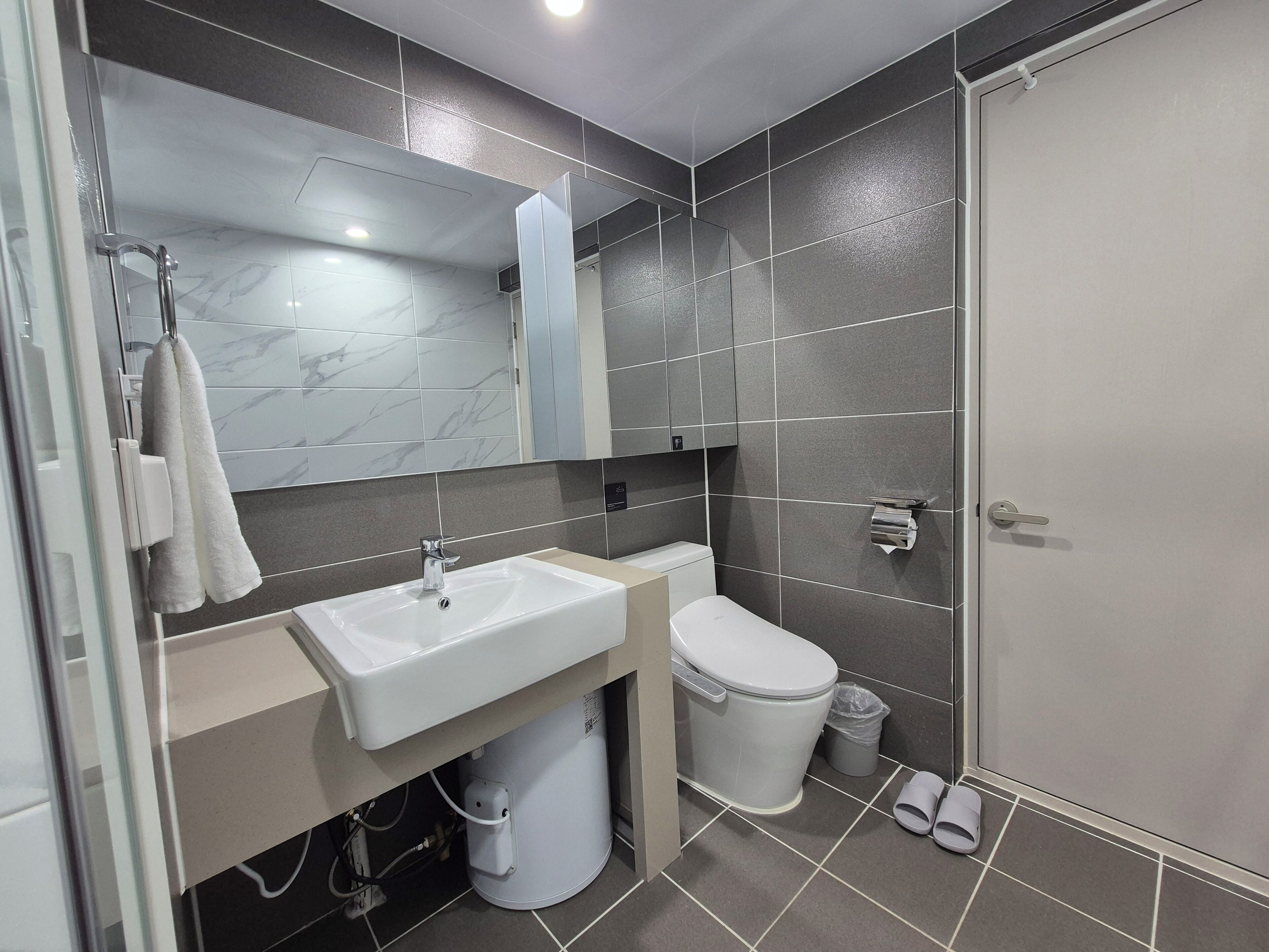 A modern bathroom with a sink, toilet, and a glass shower enclosure.