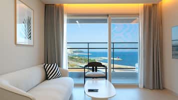 Premium bedding, desk, laptop workspace, blackout curtains