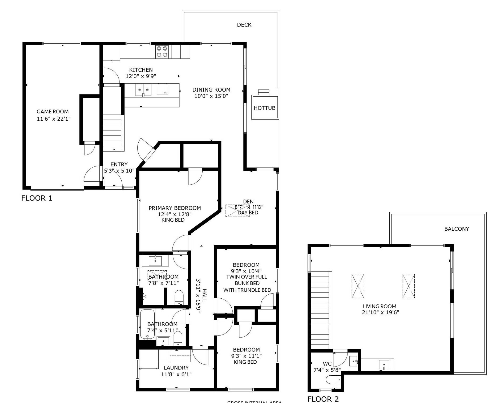 Distribución de un apartamento de dos pisos con sala de juegos, cocina, comedor y balcón.